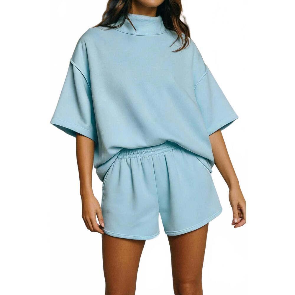 NEW LITTLE DAISY CLOSET solid seam mock neck oversized two-piece set in mist blu